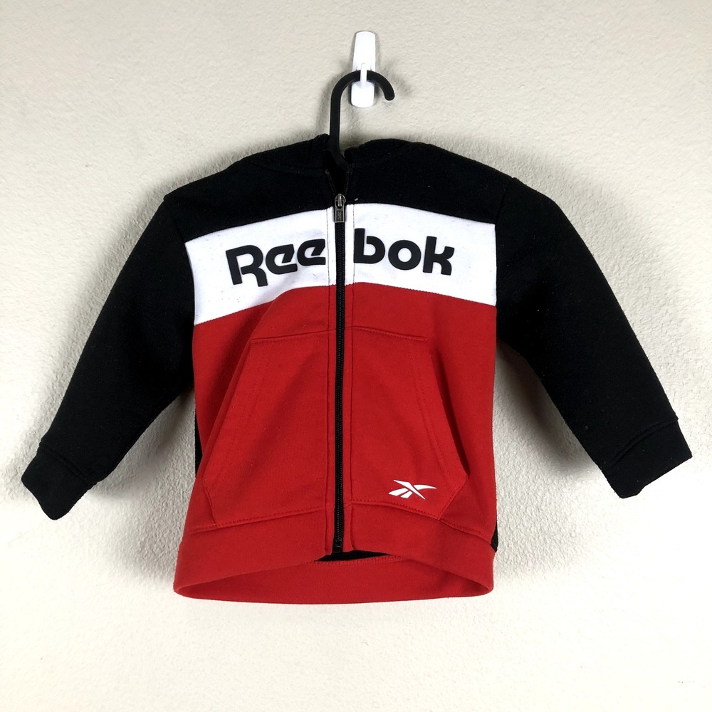 Reebok Hoodie Sweater Boys 3 Toddler Black Red Colorblock Logo Spellout Full Zip